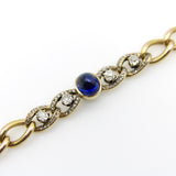 Victorian 14K Gold Curb Link Bracelet with No-Heat Sugarloaf Sapphire and Old Mine Cut Diamonds Bracelet Kirsten's Corner