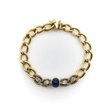 Victorian 14K Gold Curb Link Bracelet with No-Heat Sugarloaf Sapphire and Old Mine Cut Diamonds Bracelet Kirsten's Corner