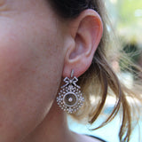Edwardian 18K White Gold Pave Diamond Earrings with Bows and Floral Medallions Earrings Kirsten's Corner