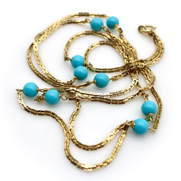 Vintage 14K Gold Turquoise Bead 36” Station Necklace Chain Kirsten's Corner 