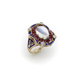 Victorian Moonstone Ruby Diamond and Enameled 14K Gold Ring jewelry Kirsten's Corner
