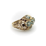 14K Gold Victorian Blue Topaz and Garnet Bombe Ring Kirsten's Corner