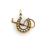 English 15K Gold Lucky Horseshoe Pendant with Pearls and Riding Crop Pendant Kirsten's Corner