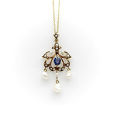 Edwardian 14K Gold Sapphire and Seed Pearl Pendant with Pearl Drops Necklace Kirsten's Corner