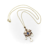 Edwardian 14K Gold Sapphire and Seed Pearl Pendant with Pearl Drops Necklace Kirsten's Corner