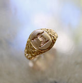 14K Gold Victorian Signet Ring with Arm Holding Sword Intaglio ring Kirsten's Corner