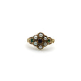 12K Gold Early Victorian Flower Ring with Garnet, Emeralds, and Pearls Ring Kirsten's Corner