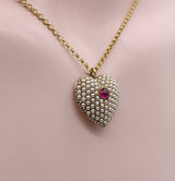 Victorian 14K Gold Pearl Encrusted Heart with Ruby Cabochon Pendant Pendant Kirsten's Corner