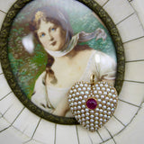 Victorian 14K Gold Pearl Encrusted Heart with Ruby Cabochon Pendant Pendant Kirsten's Corner