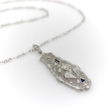 Art Deco 14K Gold Filigree Pendant Necklace with Diamonds and Sapphires Kirsten's Corner