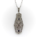 Art Deco 14K Gold Filigree Pendant Necklace with Diamonds and Sapphires Kirsten's Corner