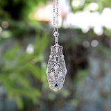 Art Deco 14K Gold Filigree Pendant Necklace with Diamonds and Sapphires Kirsten's Corner