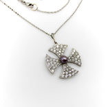 Platinum Edwardian Maltese Cross Diamond Encrusted with Central Black Pearl Neck Kirsten's Corner