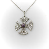 Platinum Edwardian Maltese Cross Diamond Encrusted with Central Black Pearl Neck Kirsten's Corner