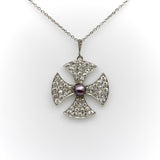 Platinum Edwardian Maltese Cross Diamond Encrusted with Central Black Pearl Neck Kirsten's Corner