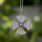 Platinum Edwardian Maltese Cross Diamond Encrusted with Central Black Pearl Neck Kirsten's Corner