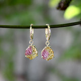 14K Gold Hand-Carved Signature Watermelon Tourmaline Leaf Huggie Earrings Earrings Kirsten's Corner