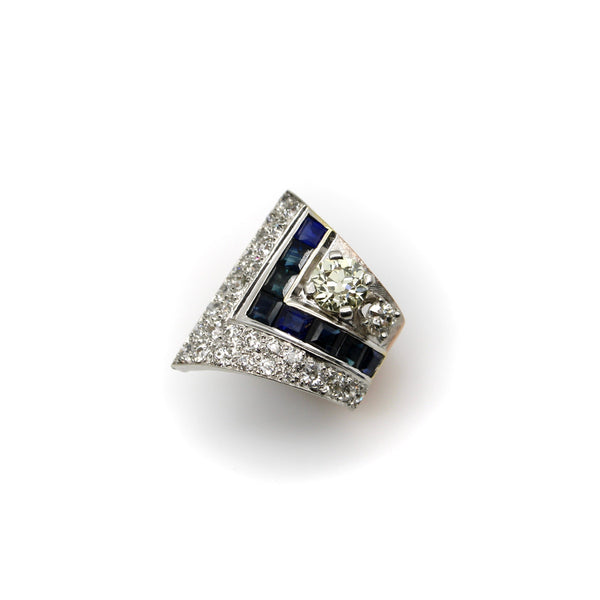 Art Deco Platinum Topped Diamond and Sapphire Ring with 14K Gold Shank Ring Kirsten's Corner 