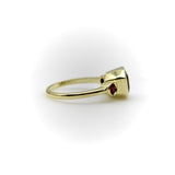 Signature 18K Gold Peach Tourmaline and Ruby Three-Stone Ring jewelry Kirsten's Corner