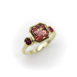 Signature 18K Gold Peach Tourmaline and Ruby Three-Stone Ring jewelry Kirsten's Corner