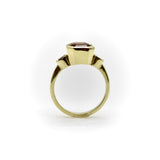 Signature 18K Gold Peach Tourmaline and Ruby Three-Stone Ring jewelry Kirsten's Corner