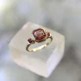 Signature 18K Gold Peach Tourmaline and Ruby Three-Stone Ring jewelry Kirsten's Corner