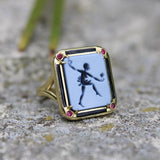 18K Gold Josephine Baker Banded Agate Signet Ring with Enamel and Rubies ring Kirsten's Corner