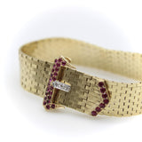 Retro 14K Gold Ruby and Diamond Buckle Bracelet with Brick Link Bracelet Kirsten's Corner