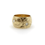 Victorian 14K Gold Hand-Engraved Celestial Themed Band or Ring with Diamonds