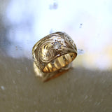 Victorian 14K Gold Hand-Engraved Celestial Themed Band or Ring with Diamonds