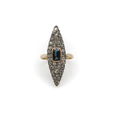 14K Gold Early Victorian Navette Ring with Pave Diamonds and Central Sapphire jewelry Kirsten's Corner