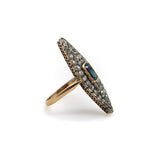 14K Gold Early Victorian Navette Ring with Pave Diamonds and Central Sapphire jewelry Kirsten's Corner
