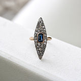 14K Gold Early Victorian Navette Ring with Pave Diamonds and Central Sapphire