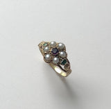 15K Gold Early Victorian Flower Ring with Garnet, Emeralds, and Pearls