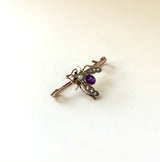 Victorian 12K Gold Diamond, Amethyst, Pearl, and Garnet Fly Brooch