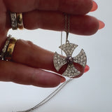 Platinum Edwardian Maltese Cross Diamond Encrusted with Central Black Pearl Neck