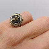14K Etruscan Revival Mourning Ring w/ Onyx Disc & Pearl Grape Cluster Ring Kirsten's Corner Jewelry