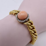 French Victorian 18K Gold Curb Link with Coral Cabochon and Diamond Halo Bracelet Kirsten's Corner