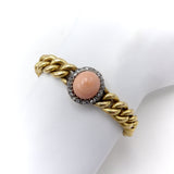 French Victorian 18K Gold Curb Link with Coral Cabochon and Diamond Halo Bracelet Kirsten's Corner