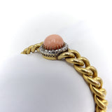 French Victorian 18K Gold Curb Link with Coral Cabochon and Diamond Halo Bracelet Kirsten's Corner