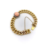French Victorian 18K Gold Curb Link with Coral Cabochon and Diamond Halo Bracelet Kirsten's Corner