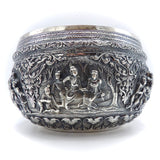 British Indian-Burmese Figural Landscape Repoussé Silver Bowl Objects of Virtue Kirsten's Corner Jewelry
