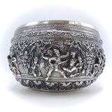 British Indian-Burmese Figural Landscape Repoussé Silver Bowl Objects of Virtue Kirsten's Corner Jewelry