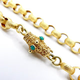Georgian 18K Gold Beaded Muff Chain with Etruscan Revival Turquoise Clasp Chain Kirsten's Corner Jewelry