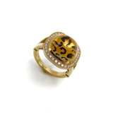 Leopard Spotted Reverse Painted Citrine Cabochon Ring with Diamond Halo in 14K Gold Ring Kirsten's Corner