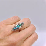 Victorian Navette Shaped 14K Gold & Silver Topped Ring with Turquoise & Diamonds Ring Kirsten's Corner