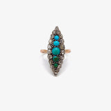 Victorian Navette Shaped 14K Gold & Silver Topped Ring with Turquoise & Diamonds Ring Kirsten's Corner