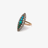 Victorian Navette Shaped 14K Gold & Silver Topped Ring with Turquoise & Diamonds Ring Kirsten's Corner