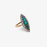 Victorian Navette Shaped 14K Gold & Silver Topped Ring with Turquoise & Diamonds Ring Kirsten's Corner