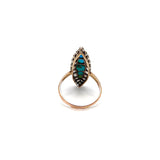 Victorian Navette Shaped 14K Gold & Silver Topped Ring with Turquoise & Diamonds Ring Kirsten's Corner